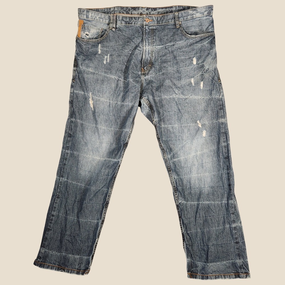 Sean John Jeans Mens 44 Blue Good Distressed Grid Wash Straight Leg Denim Pants